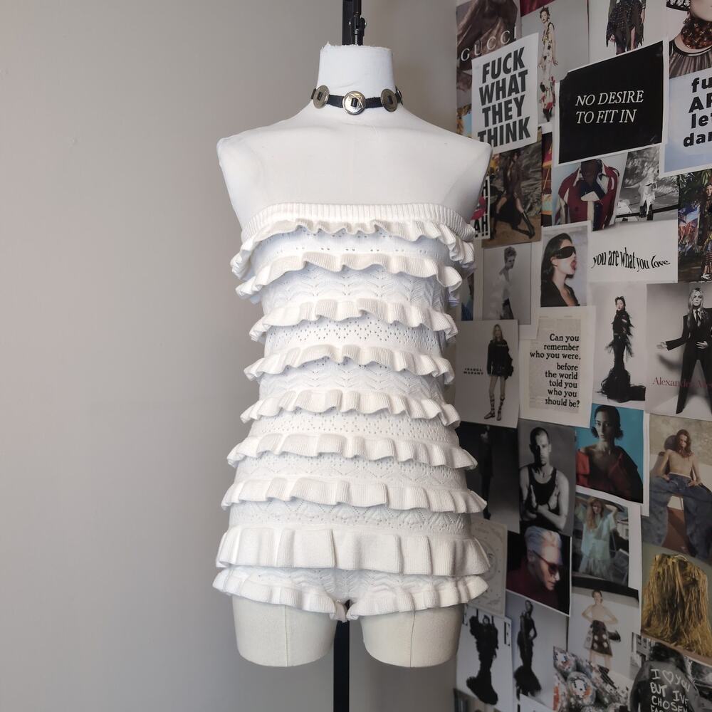 Ruffled Pointelle Knit Strapless Boho Romper